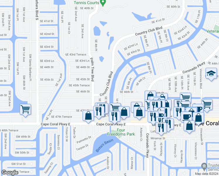 map of restaurants, bars, coffee shops, grocery stores, and more near 4554 Southeast 5th Place in Cape Coral