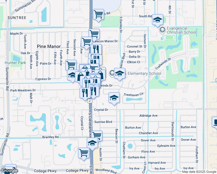 map of restaurants, bars, coffee shops, grocery stores, and more near 1900 Trailwinds Drive in Fort Myers