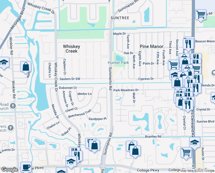map of restaurants, bars, coffee shops, grocery stores, and more near 1576 Beechwood Trail in Fort Myers