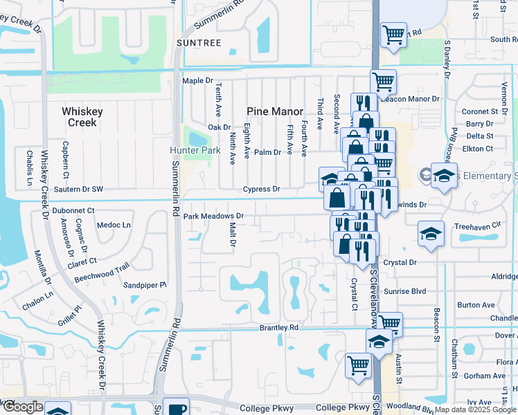 map of restaurants, bars, coffee shops, grocery stores, and more near 1709 Park Meadows Drive in Fort Myers
