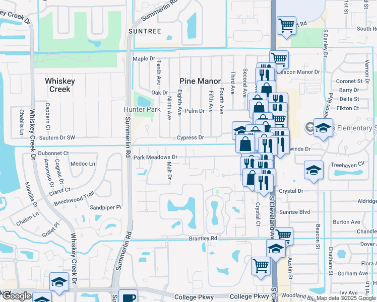 map of restaurants, bars, coffee shops, grocery stores, and more near 1707 Park Meadows Drive in Fort Myers