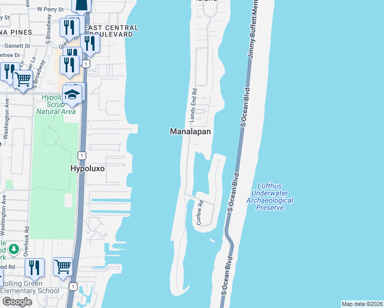 map of restaurants, bars, coffee shops, grocery stores, and more near 100 Churchill Way in Lantana