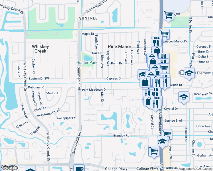 map of restaurants, bars, coffee shops, grocery stores, and more near 1653 Park Meadows Drive in Fort Myers
