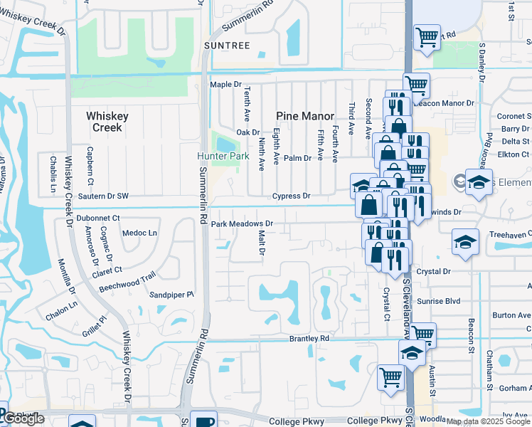 map of restaurants, bars, coffee shops, grocery stores, and more near 1653 Park Meadows Drive in Fort Myers