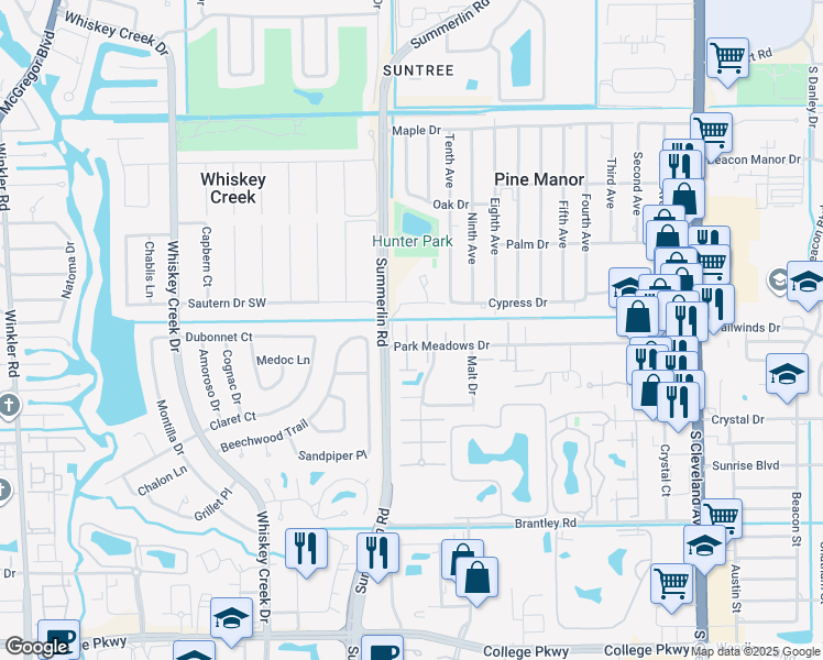map of restaurants, bars, coffee shops, grocery stores, and more near 1513 Park Meadows Drive in Fort Myers