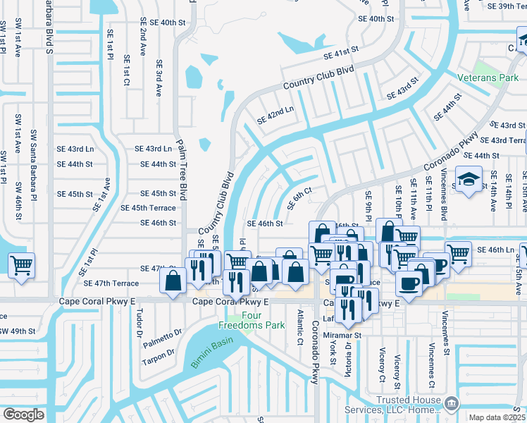map of restaurants, bars, coffee shops, grocery stores, and more near 211 Southeast 5th Place in Cape Coral