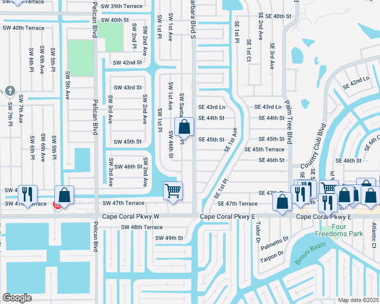 map of restaurants, bars, coffee shops, grocery stores, and more near 4511 Southwest Santa Barbara Place in Cape Coral