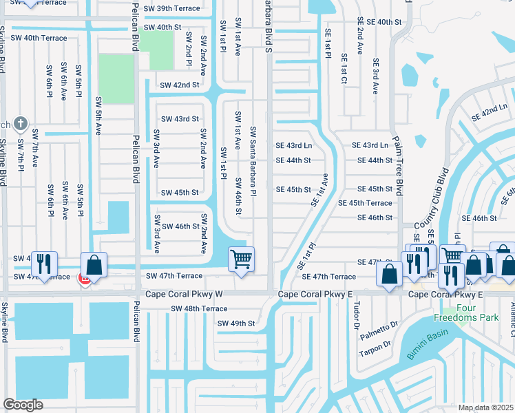 map of restaurants, bars, coffee shops, grocery stores, and more near 4511 Southwest Santa Barbara Place in Cape Coral