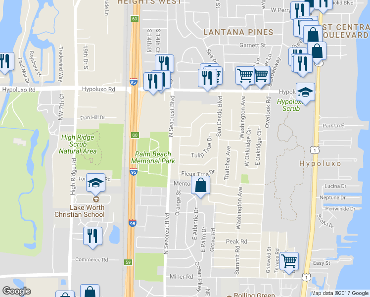 map of restaurants, bars, coffee shops, grocery stores, and more near 130 Plum Tree Drive in Lake Worth