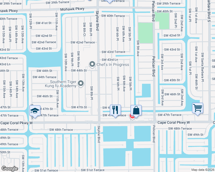 map of restaurants, bars, coffee shops, grocery stores, and more near 4512 Southwest 7th Place in Cape Coral