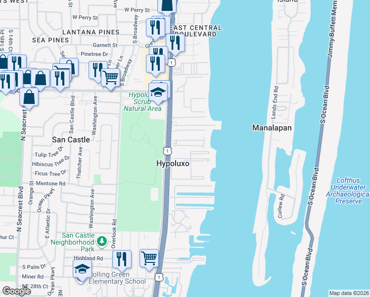 map of restaurants, bars, coffee shops, grocery stores, and more near 179 Las Brisas Circle in Hypoluxo