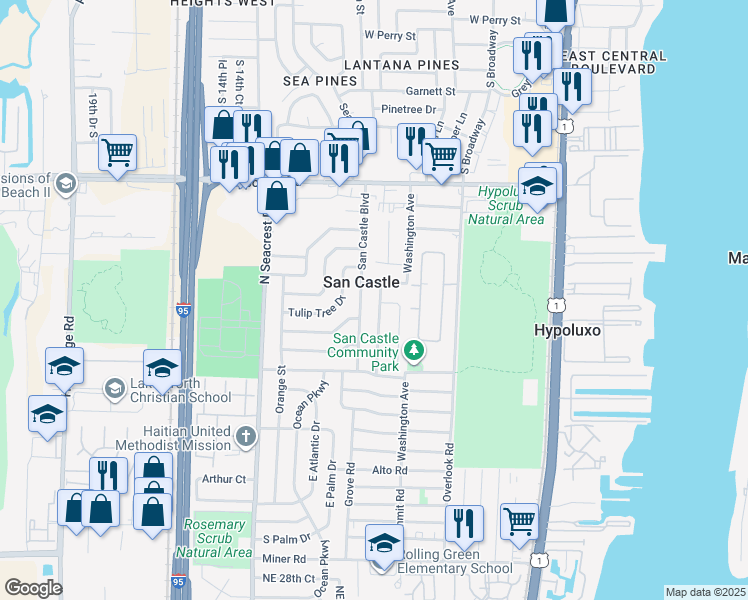map of restaurants, bars, coffee shops, grocery stores, and more near 7303 Thatcher Avenue in Lantana