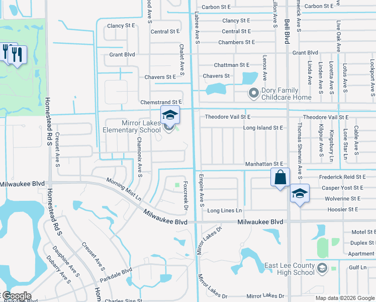 map of restaurants, bars, coffee shops, grocery stores, and more near 696 Kingsbury Street East in Lehigh Acres