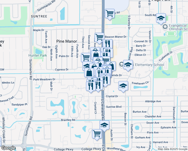 map of restaurants, bars, coffee shops, grocery stores, and more near 11920 South Cleveland Avenue in Fort Myers
