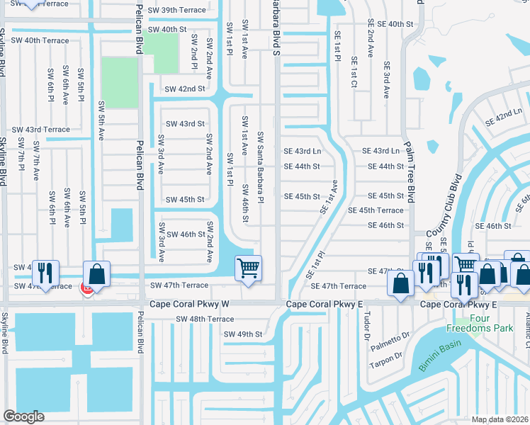 map of restaurants, bars, coffee shops, grocery stores, and more near 4511 Southwest Santa Barbara Place in Cape Coral