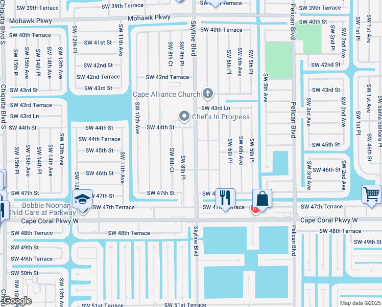 map of restaurants, bars, coffee shops, grocery stores, and more near 4520 Skyline Boulevard in Cape Coral