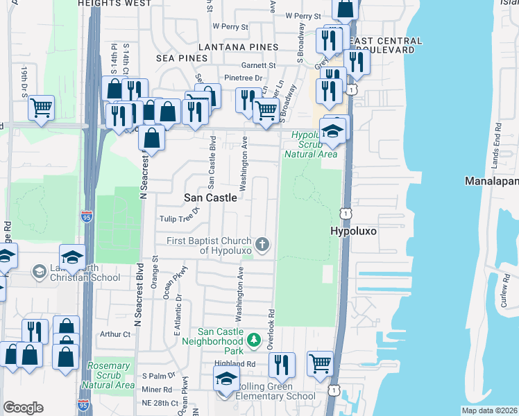 map of restaurants, bars, coffee shops, grocery stores, and more near 7401 West Oakridge Circle in Lantana