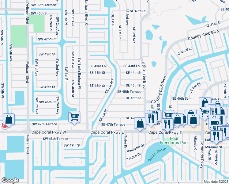 map of restaurants, bars, coffee shops, grocery stores, and more near 4516 Southeast 1st Place in Cape Coral