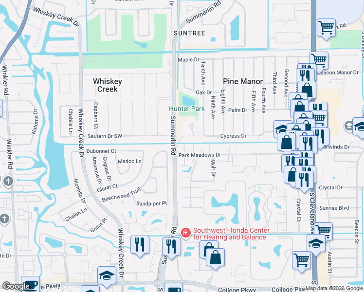 map of restaurants, bars, coffee shops, grocery stores, and more near 1513 Park Meadows Drive in Fort Myers