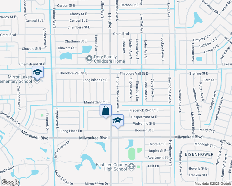 map of restaurants, bars, coffee shops, grocery stores, and more near 544 Thomas Sherwin Avenue South in Lehigh Acres