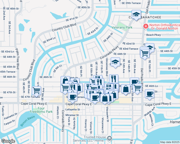 map of restaurants, bars, coffee shops, grocery stores, and more near 4526 Southeast 10th Place in Cape Coral