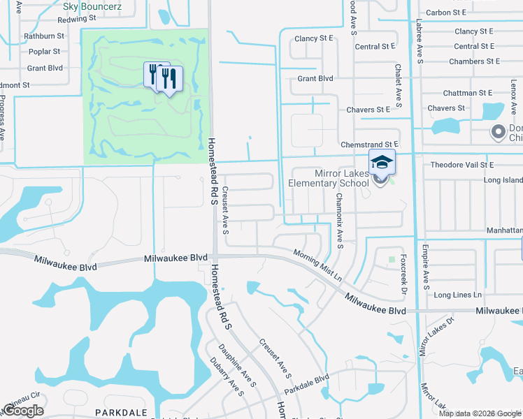 map of restaurants, bars, coffee shops, grocery stores, and more near 543 Louisville Street East in Lehigh Acres