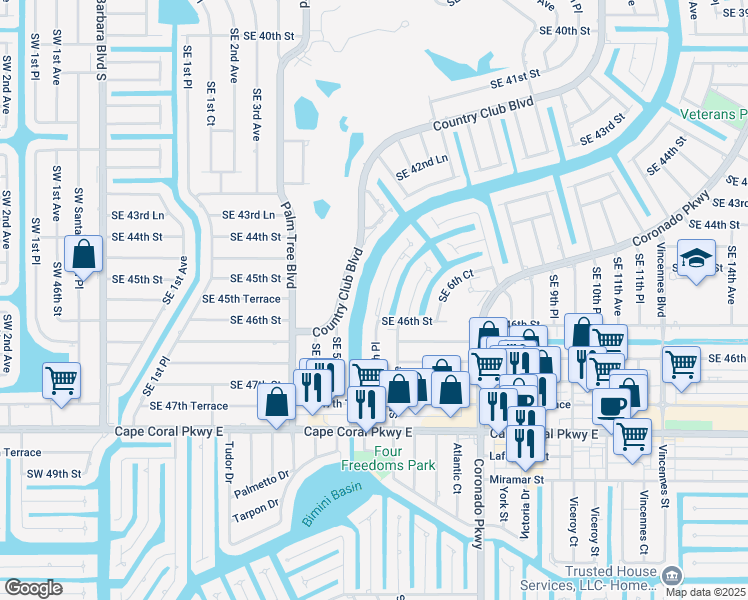 map of restaurants, bars, coffee shops, grocery stores, and more near 4554 Southeast 5th Place in Cape Coral