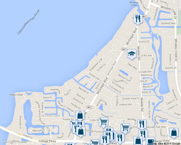 map of restaurants, bars, coffee shops, grocery stores, and more near 5695 Shaddelee Ln W in Fort Myers
