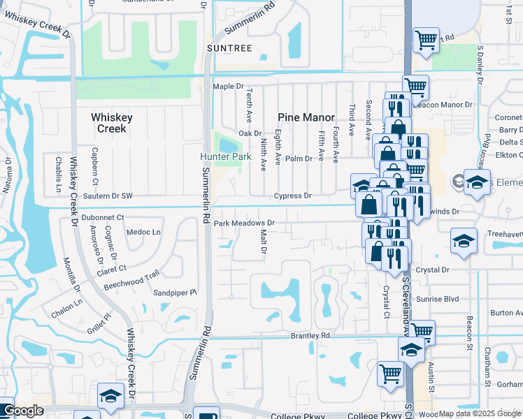 map of restaurants, bars, coffee shops, grocery stores, and more near 1653 Park Meadows Drive in Fort Myers