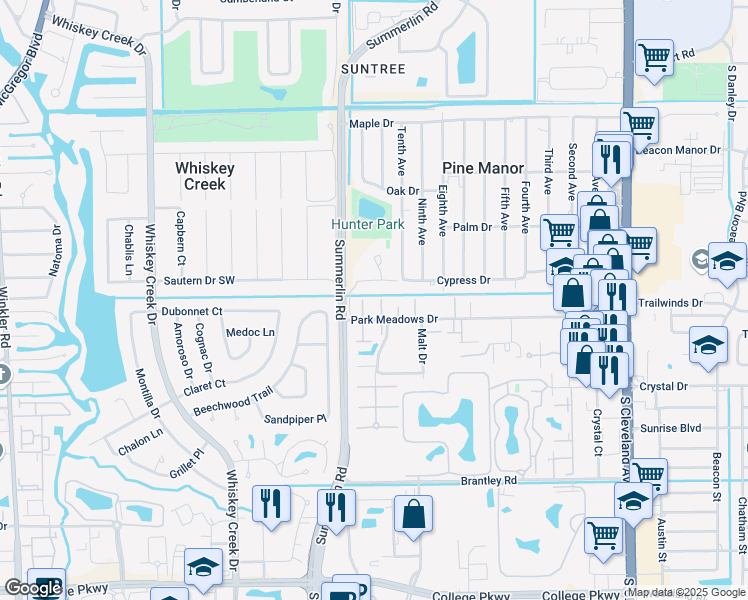 map of restaurants, bars, coffee shops, grocery stores, and more near 1513 Park Meadows Drive in Fort Myers