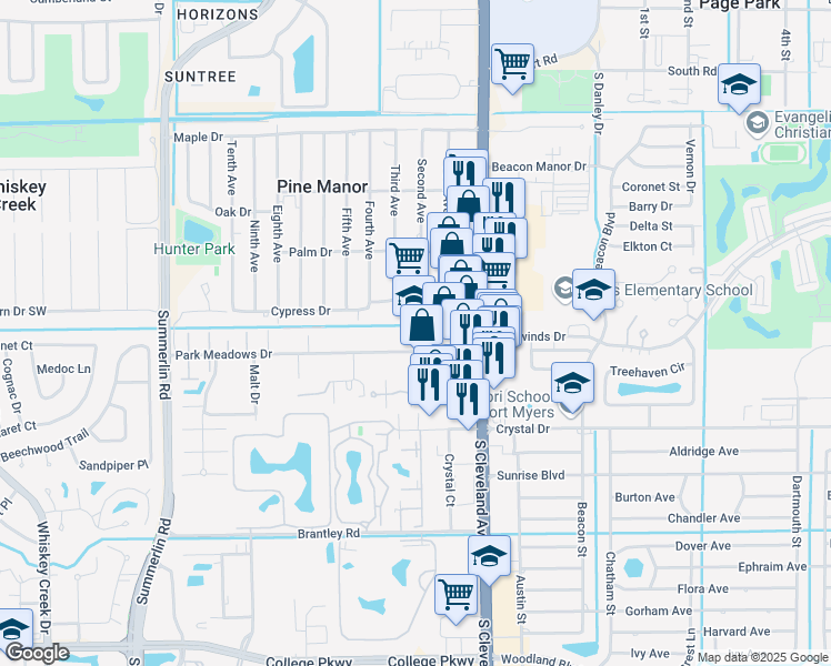 map of restaurants, bars, coffee shops, grocery stores, and more near 1901 Park Meadows Drive in Fort Myers