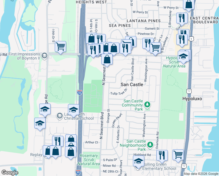 map of restaurants, bars, coffee shops, grocery stores, and more near 51 Plum Tree Drive in Lake Worth