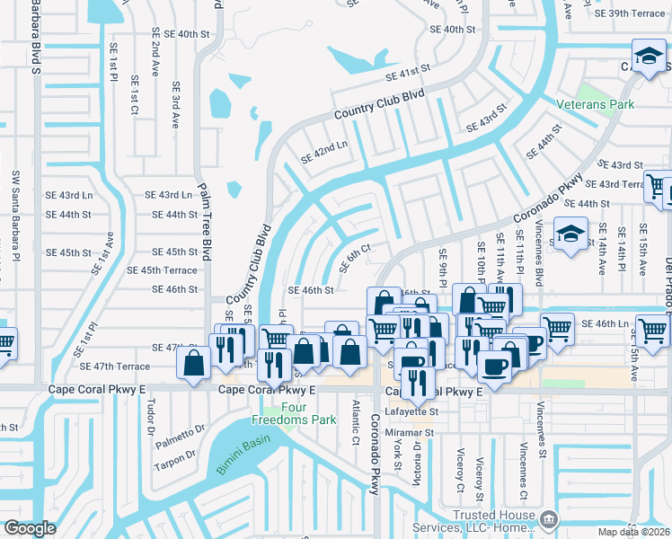 map of restaurants, bars, coffee shops, grocery stores, and more near 4546 Southeast 6th Court in Cape Coral