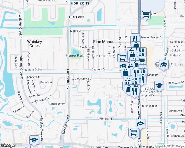 map of restaurants, bars, coffee shops, grocery stores, and more near 1661 Park Meadows Drive in Fort Myers