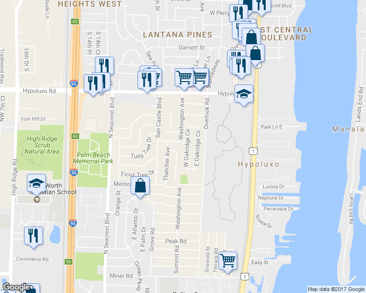 map of restaurants, bars, coffee shops, grocery stores, and more near 7293 West Oakridge Circle in Lake Worth