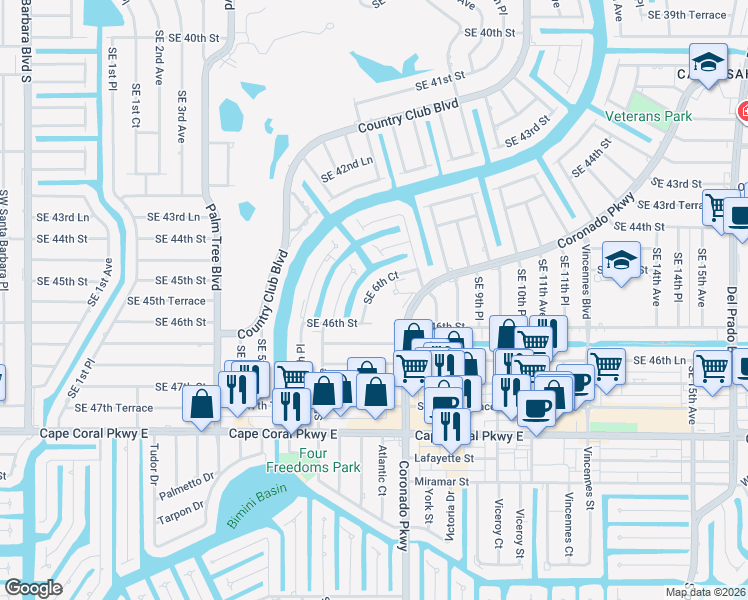 map of restaurants, bars, coffee shops, grocery stores, and more near 4546 Southeast 6th Court in Cape Coral