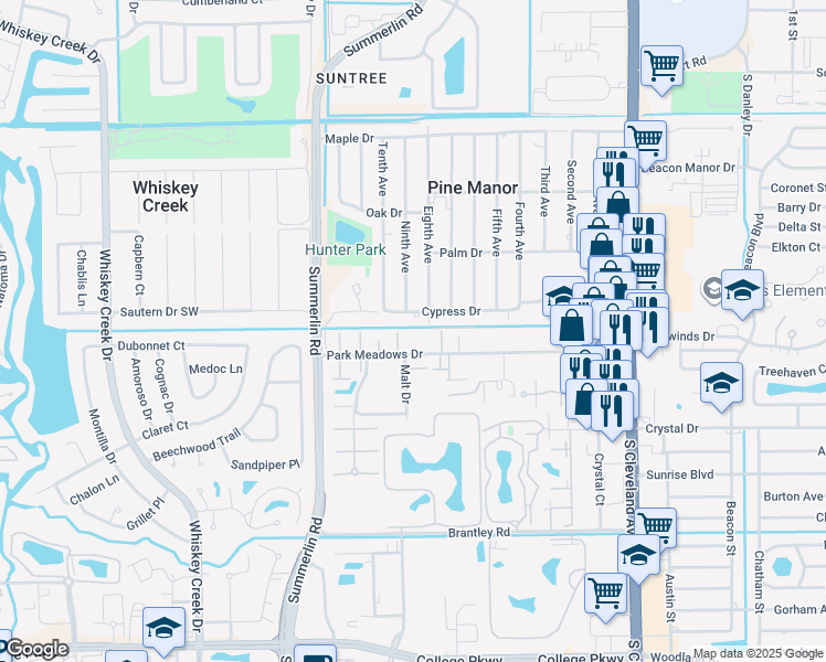 map of restaurants, bars, coffee shops, grocery stores, and more near 1653 Park Meadows Drive in Fort Myers