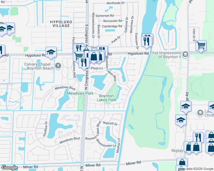 map of restaurants, bars, coffee shops, grocery stores, and more near 62 Buxton Lane in Boynton Beach