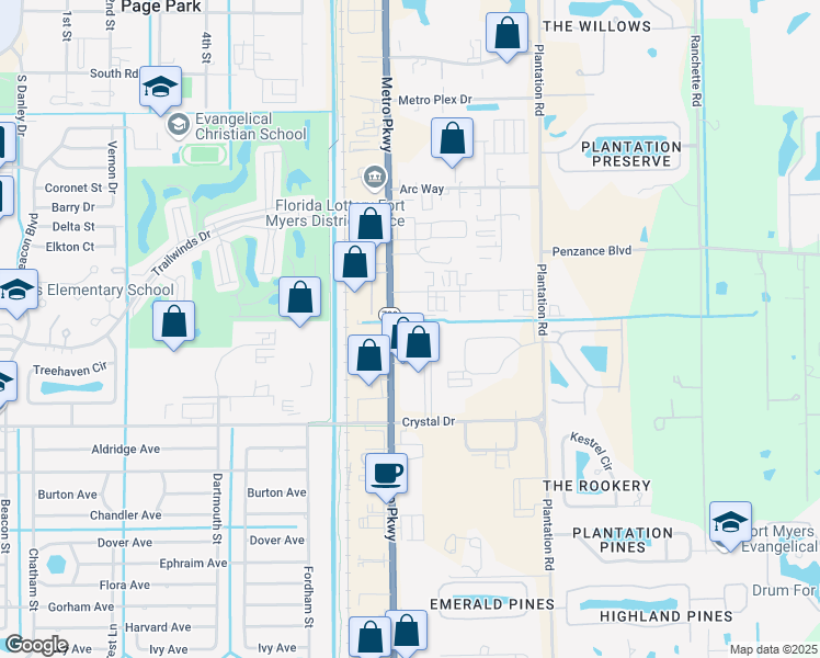 map of restaurants, bars, coffee shops, grocery stores, and more near 12065 Metro Parkway in Fort Myers