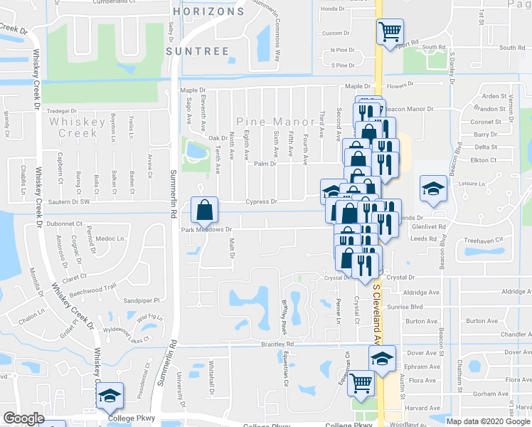 map of restaurants, bars, coffee shops, grocery stores, and more near 1707 Park Meadows Drive in Fort Myers