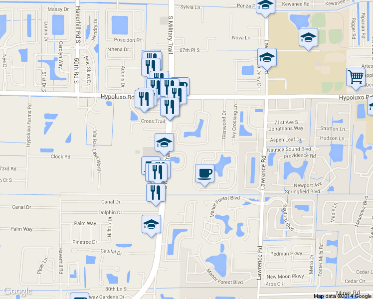 map of restaurants, bars, coffee shops, grocery stores, and more near 4413 Colony View Drive in Lake Worth