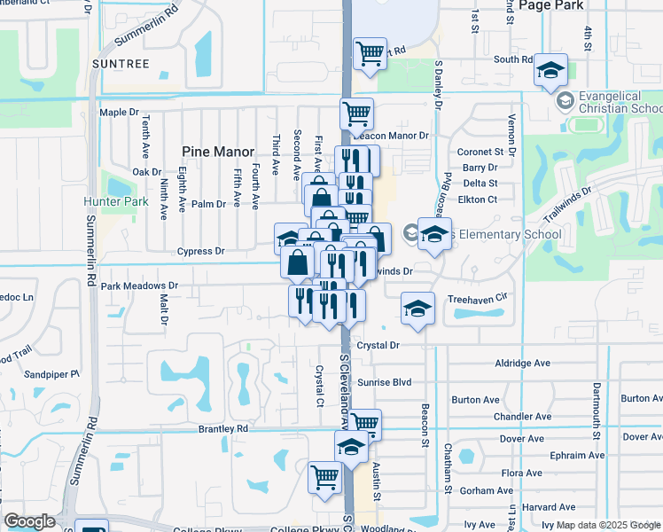 map of restaurants, bars, coffee shops, grocery stores, and more near 11920 South Cleveland Avenue in Fort Myers