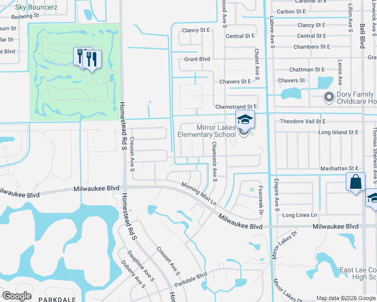 map of restaurants, bars, coffee shops, grocery stores, and more near 520 Croydon Avenue South in Lehigh Acres