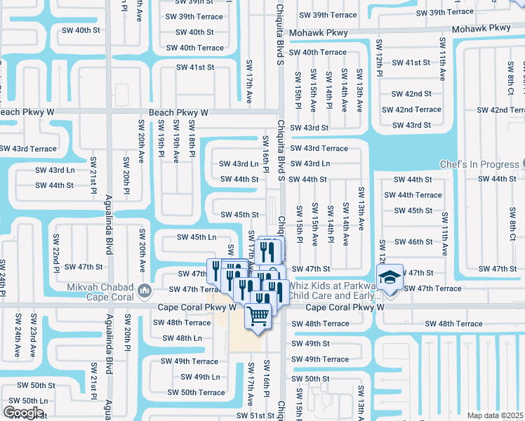 map of restaurants, bars, coffee shops, grocery stores, and more near 1615 Southwest 45th Street in Cape Coral