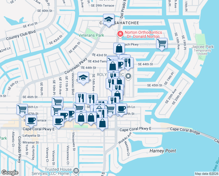 map of restaurants, bars, coffee shops, grocery stores, and more near 4517 Southeast 15th Avenue in Cape Coral