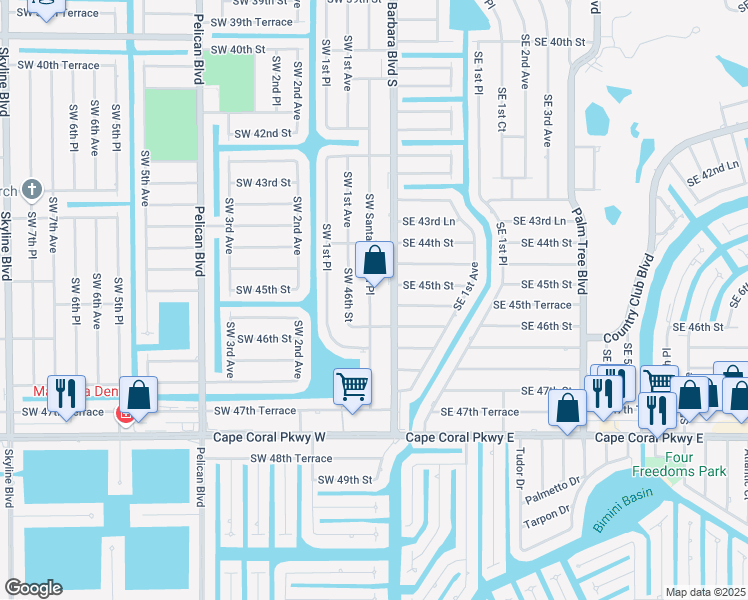 map of restaurants, bars, coffee shops, grocery stores, and more near 4511 Southwest Santa Barbara Place in Cape Coral
