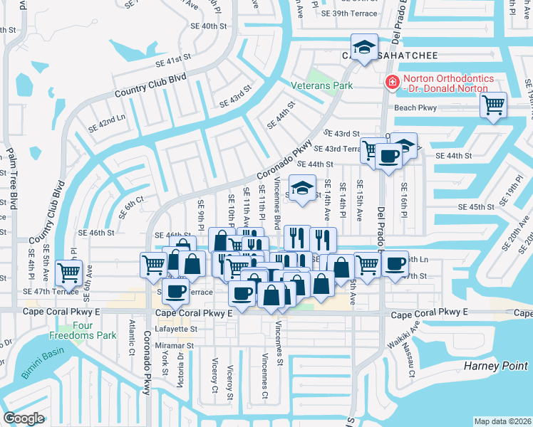 map of restaurants, bars, coffee shops, grocery stores, and more near 4535 Southeast 11th Place in Cape Coral