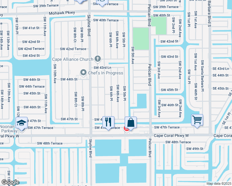 map of restaurants, bars, coffee shops, grocery stores, and more near 4510 Southwest 6th Avenue in Cape Coral
