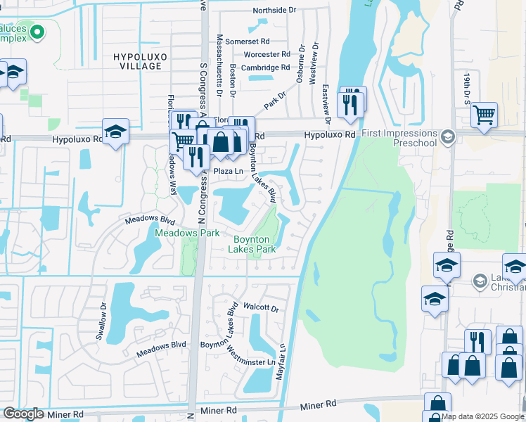 map of restaurants, bars, coffee shops, grocery stores, and more near 69 Buxton Lane in Boynton Beach