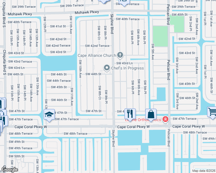 map of restaurants, bars, coffee shops, grocery stores, and more near 4429 Southwest 8th Place in Cape Coral
